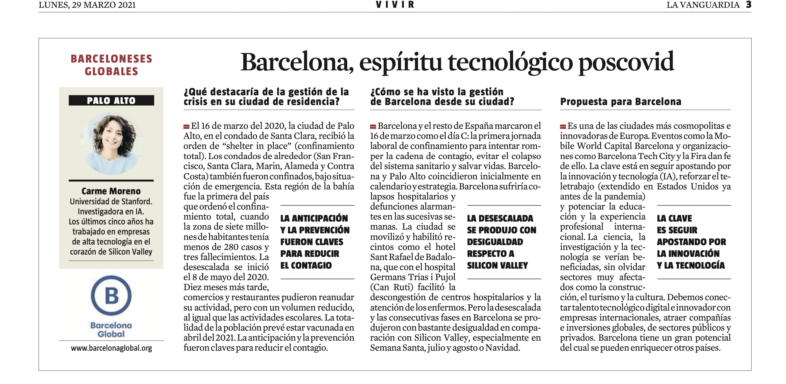 Page from La Vanguardia, 29 March 2021, with an article featuring Carme Moreno